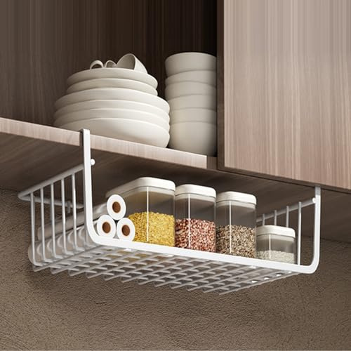 LEMCC Unterregal-Aufbewahrungskorb, Hängende Küchenkörbe, Metallschienen Unter Dem Regaldrahtkorb, Mehrzweck-Unterschrank-Regalkorb-Organizer für Küche, Büro, Speisekammer, Schreibtisch,(L Weiß)