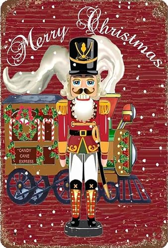 Merry Christmas Nutcracker Candy Cane Tin Sign Red Gingerbread Express Train Sign,Wall Decor,Holiday Decoration,Christmas Party Metal Sign 12x16 Inch