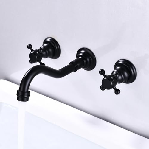 XJTNLB Wasserhahn Wand Unterputz Armatur Waschbecken aus Messing, Kreuzgriff Waschbecken Armaturen Schwarz