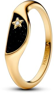 Pandora ME Siegelring, halbiert, 14-karätig vergoldet, mit klarem Cubic Zirkonia und glitzernder schwarzer Emaille