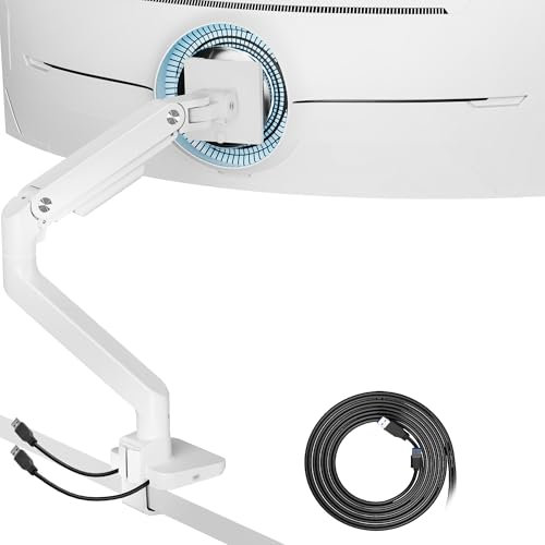 ARES WING Einzelne ultrabreite Monitorhalterung mit USB A/C, robuster Monitorarm für 43,2 bis 49 Zoll Bildschirm, hält 20 kg, verstellbarer Gasfederarm, Schreibtischhalterung mit Klemme und Tüllenfuß