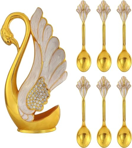 6-teilige Kaffeelöffel Besteck, Dessert Löffel Set mit dekorativen Swan Bottom Holder, Edelstahl Teelöffel Schwanenform Löffel Set für Kaffee/Dessert/Eislöffel/Kuchen (Goldweißer Diamant)