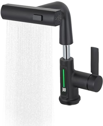 Wasserhahn Küche mit Herausziehbarer Brause, Einhebel Mischbatterie Küche/Bad, Küchenarmatur 360° Schwenkbar Spültischarmatur LED-Temperaturanzeige, Wasserhahn Ausziehbar mit Schläuchen