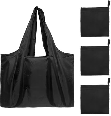 DAWRIS 4-Piece Foldable Tote Bags, Reusable Waterproof Black Tote Bags with Pouch