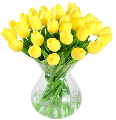 JUSTOYOU 40PCS Artificial Flower Tulips,Fake Real Touch Latex Tulip,Faux Flower Tulip Wedding Bouquets for Wedding Home Garden Decoration(Yellow)