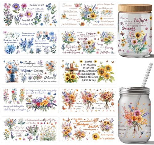 arricraft 10 Stück Inspirierender UV DTF Cup Wrap Transferaufkleber 10 Stile Farbiges Blumen Transferpapier Zum Aufreiben von Aufklebern Aus PVC Bechern Wasserdichte Abziehbilder