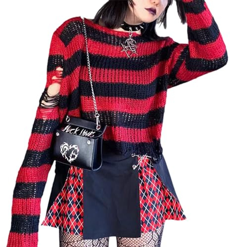 Watreketal Maglione Donna,Maglione Corto Punk per Donna a Maniche Lunghe a Righe Traforato Pullover in Maglia Larga