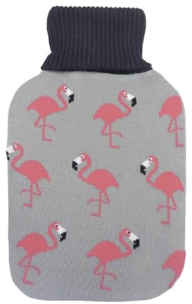 Bolsa de Agua Caliente Mimo 1,7L con elegante forro gris y encantadores flamencos. Dimensiones: 20x32x4 cm. Flexible y suave al tacto para un óptimo bienestar.