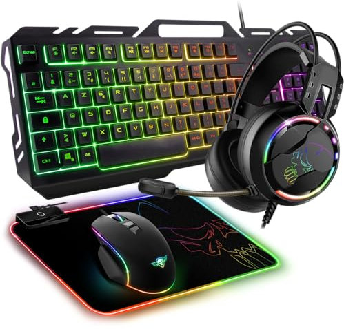 Spirit of Gamer - Ultimate 300, Set tastiera mouse gamer 4 in 1, cuffie da gioco e tappetino RGB, per PC, PS5, PS4, Xbox One, tastiera gamer AZERTY FR, tasti anti-ghosting, mouse gamer 8 pulsanti 8000