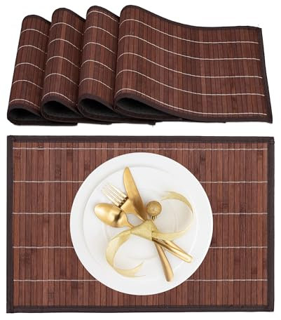 Relaxdays Tischset, 4er Set, Bambus, Stoff, rutschhemmend, 45x30 cm, Teller, Esstisch, eckiges Platzset, braun/schwarz