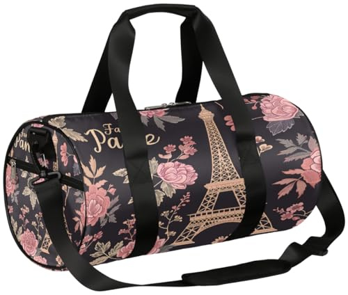 Mexpekil Seesack mit Schuhfach, wasserdicht, Eiffelturm-Rosen, schwarzer Hintergrund, Reiserucksack für Fitness, Fitnessstudio, Wochenendausflüge, Eiffelturm-Rosen, schwarzer Hintergrund