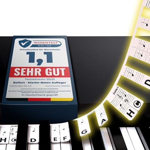 Belfort Klavier-Noten-Aufleger Schwarz-Weiß, für 88 & 61 Tasten | Abnehmbare Silikon-Tastenbeschriftung ohne Aufkleber + eBook – für Anfänger an Piano & Keyboard