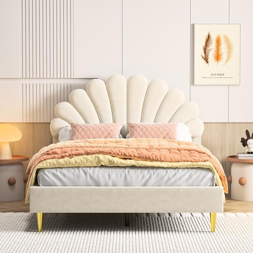 DAHUEN Polsterbett, 140 x 200 cm, mit Kopfteil und Rückenlehne, gepolstert, Doppelbett 140 x 200 cm mit Lattenrost, Doppelbett, für Erwachsene und Jugendliche, Samt, Beige (Beige)