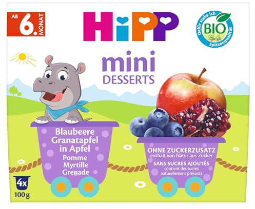 HiPP Bio Mini Desserts Blaubeere-Granatapfel in Apfel, 6x4x100g (24 Becher), ab 6. Monat, ohne Zuckerzusatz, als Nachtisch oder zur Breizubereitung