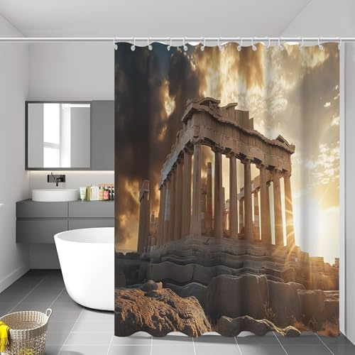 MULERN Duschvorhang 240 x 200 cm, Insel Tempel, Wasserabweisend Waschbar Polyester Textil Stoff Badevorhänge mit 12 Ösen und Duschvorhangringe für Badezimmer, Badewanne, Vintage Architektur