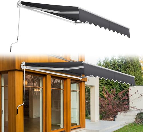YRHome Tenda da sole in alluminio e poliestere, 400 x 300 cm, parasole, impermeabile, protezione UV con manovella, per terrazza, balcone, grigio scuro