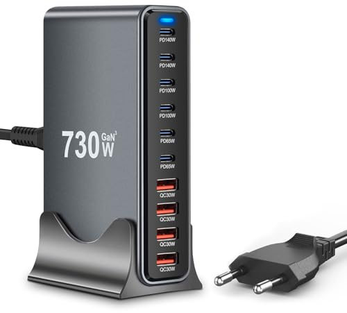 730W USB C Ladegerät Mehrfachusb, PD140w, 100w, 65w 10 Ports schnellladegerät, Gan 3 Power Ladestation mit 6 USB C + 4 USB A Ports für MacBook Air, iPad, iPhone 16 15Pro 14 13 12, Galaxy S22 S20