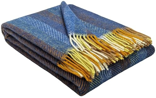 STTS International Wolldecke 100% Schurwolle Wohndecke 140 x 200 cm Tagesdecke Schurwolldecke Woll-Plaid Tirol in vielen Farben erhältlich (Blau-Mehrfarbig (D-M))