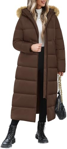 Tuopuda Long Winter Coat for Women Warm Quilted Coats Thick Padded Puffer Ladies Winter Jacket Coat With Fuffly Hood(Brown,L)