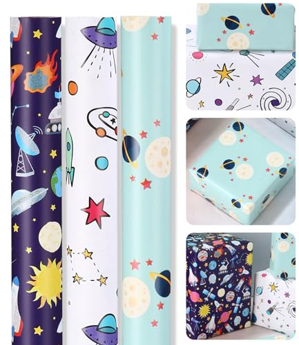 heuchaey 3 Rollos Papel de regalo cumpleaños 43 x 300 cm, Rollos papel de regalo espacial, Papels Regal Cumpleaños Niños, para fiestas con temática espacial, fiestas y navidad