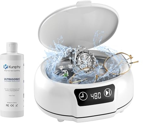 kunphy Jewelry Cleaning Machine, 700ml(24.5 Oz) 48KHz Ultrasonic Cleaner with 120ml Solution for Silver, Gold Jewelry, Glasses, Rings, Diamond