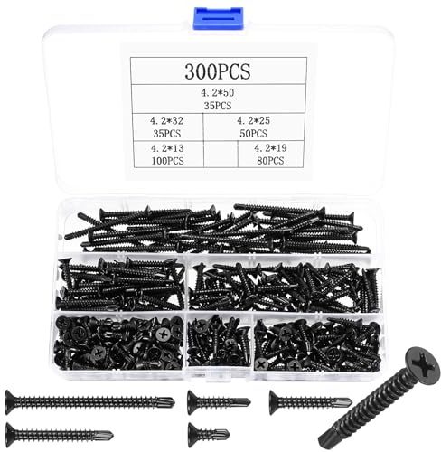 300 Stk Bohrschrauben Selbstschneidende Schrauben, M4.2 Edelstahl Blechschrauben Selbstbohrende Schraube Set, Senkkopf Kreuzschlitzschrauben Metallschrauben für Blechbefestigung (300schwarz)
