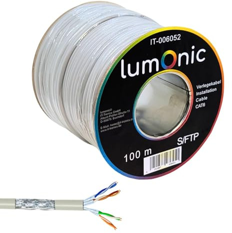 Lumonic 100m Cable de red CAT 6 S/FTP PIMF I Cat6-cable, Gigabit Lan Cable, Ethernet Cable I Cable flexible apantallado, para uso en interiores hasta 250 MHz