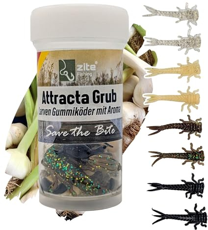 Zite Fishing Attracta Grub Forellenköder Gummi | Naturmix Larvenimitat 5 cm | 8 Stück | Knoblauch & Käse Flavour | Made in Germany | Phthalatfrei | Twitchköder am Tungsten Jighaken