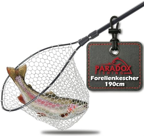 Paradox Fishing Forellenkescher 1,9m mit klarem Vollgumminetz für minimale Scheuchwirkung, fischschonender Teleskop-Kescher 50x45x45cm, Abnehmbarer Kopf & Eva-Griff | Angelkescher Kescher Angeln