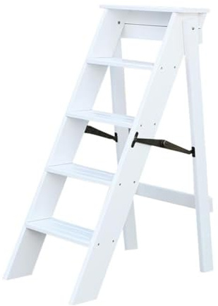 LWJSOCP Scaletta Pieghevole in Legno di Noce e Bianco, 5 gradini, Resistente Sgabello per Adulti, per casa, Cucina, Ufficio, Facile da riporre, Design Leggero e Antiscivolo.