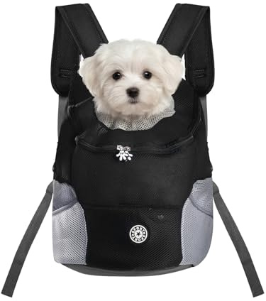 Pomodee Mochila para Perros y Gatos (hasta 6.5 kg), Mochila Transportadora Transpirable con Diseño Head out y Clip de Seguridad, Ajustable para Actividades Outdoor Senderismo Viajes, Negro