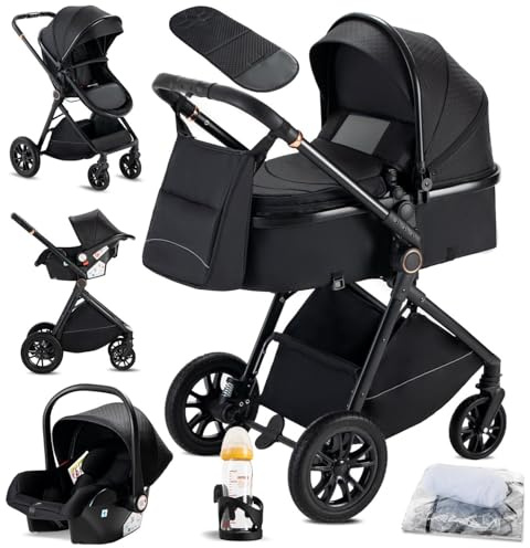 KAVELLIN Kinderwagen 3 in 1, Kinderwagen mit Autositz, Zusammenklappbar kombikinderwagen komplettset inkl. Becherhalter, Moskitonetz, Fußabdeckung, Regenschutz, Babywagen for 0-36 Monate, Schwarz