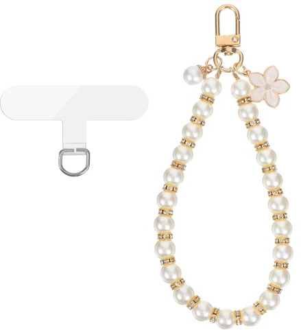HekouJiub Pearl Phone Strap, Detachable Beaded Cell Phone Wrist Strap, Lanyard Wristlet Keychain Charms for Women - Cute Beaded Chain Bracelet with Clear Tether Tabs