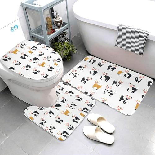 Nevjipu Set di 3 tappeti da bagno con stampa di mucca, assorbenti e lavabili, a forma di U, morbidi tappetini da doccia per WC e vasca da bagno