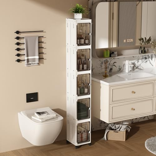 NETEL Stapelbox mit Tür und Rollen,badezimmerschrank schmal, schmaler Badschrank, Beistellschrank，badmöbel,toilettenschrank,hochschrank badezimmer,22B x 25.5T x 156H cm