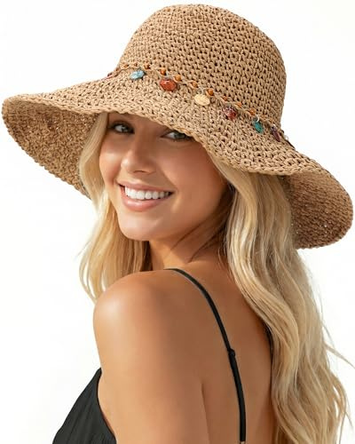 BelleVive Strandhüte für Damen, Strohhüte für Damen, faltbarer Strohhut, faltbarer Damen-Sonnenhut, faltbare Rollkappe mit breiter Krempe, UPF 50+ Sonnenschutz für den Sommer