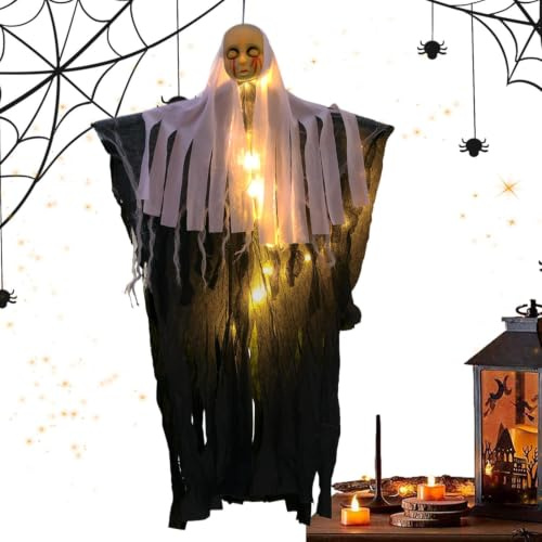Decoraciones De Fantasmas Luminosas 85 cm Fantasma Tenebroso con Cuerda | Fantasmas Luminosos Embrujados Decoración de Exhibición Para Puerta Principal Pared Árbol Ventana Casa Embrujada Jardín Po