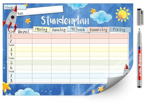 younikat Stundenplan abwischbar selbstklebend Weltall - DIN A4 - dv547 | Wiederbeschreibbar, Digitaldruck, Whiteboard-Oberfläche, selbstklebende Rückseite, zum Schulanfang, inkl. Stift