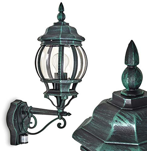 HOFSTEIN Außenwandleuchte Lentua, Außenwandlampe mit Bewegungsmelder aus Metall/Kunststoff in Schwarz-Grün/Klar, Wandleuchte Up im Retro/Vintage-Design, E27, IP44, Eingangsbereich, Terrasse, Haustür