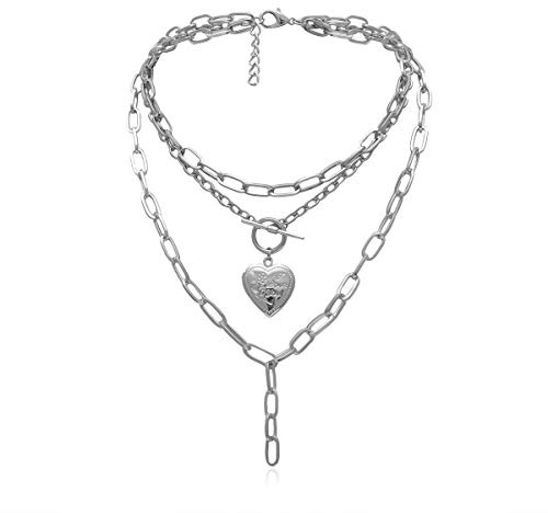 HMOOY Cool Punk Chunky Chaîne Déclaration Collier En Forme De Coeur Photo Médaillon Pendentif En Couches Collier Ras Du Cou Bijoux Pour Femmes Filles (Silver)