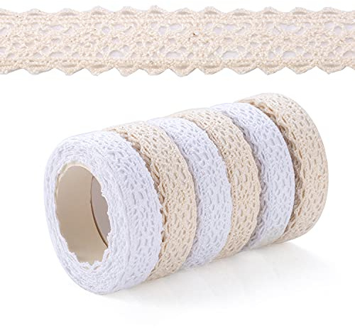 6 Rollen Beige/Weiß Spitzenband Selbstklebend borte Vintage Dekoband Spitze Bänder Bordüre Spitzenbort Stoffband selbstklebendes Spitzenband Vintage für Hochzeitseinladungen Alben,Flaschen vielem mehr