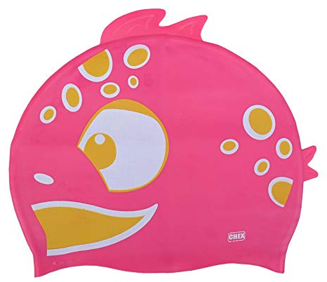CHEX Stretchig silikon unisex flickor pojkar 3-7 år en del simmössa badmössa prickig fisk dubbel fena tryck design en storlek dra på badhatt (rosa)
