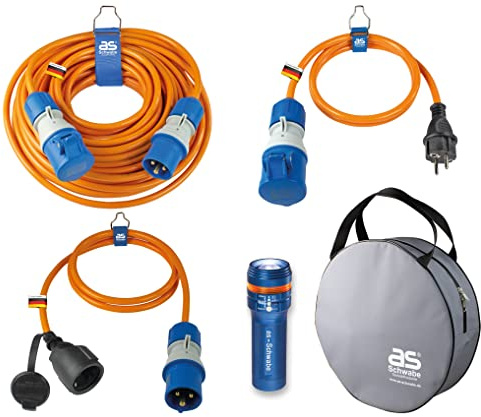 as - Schwabe Camping Set 5-teilig - Schutztasche - 19706 | 25 m CEE Verlängerungsleitung mit CEE Stecker und CEE Kupplung - 2 x 1,5 m Adapterleitung - LED Taschenlampe