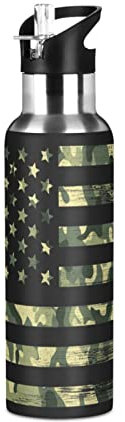 Bouteille d'eau de 963,9 g avec paille - Drapeau américain - Camouflage - Bouteille d'eau vintage en acier inoxydable pour les voyages et le sport - Bouteille d'eau isotherme étanche