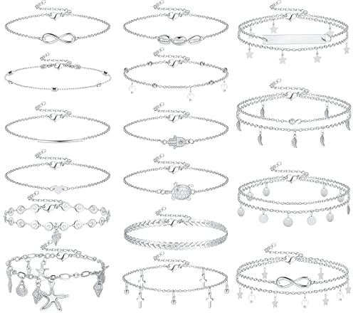 LOLIAS 16 Stücke Fußkette Damen Sommer Strand Kette Fußkettchen Armband Geschichtet Einstellbare Größe Fußschmuck Fussketten für Frauen Gold Silber Ton