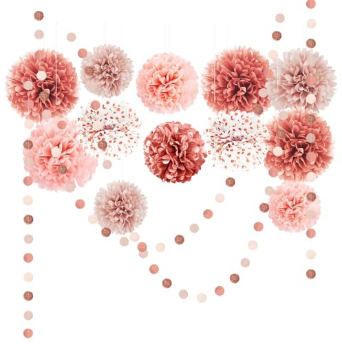 NICROLANDEE Party Dekorationen Seidenpapier Pompons Deko 15 Stück Roségold | Tissue Papier Pom Poms und Dots Papier Girlande für Valentinstag Hochzeit, Babyparty Deko, Abschlussball, Gartenparty Deko