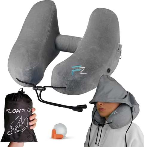 FLOWZOOM Air Nackenkissen Flugzeug – H-Design Reisekissen für 5 Schlafpositionen, schnell aufblasbar & druckregulierbar – Nackenhörnchen mit Abnehmbarer Kapuze & weichem Plüschbezug – Größe M, Grau