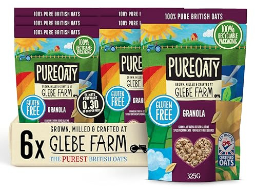 Glebe Farm Oat Granola 6PK Gluten Free Healthy Wholegrain Oats Can Help Lower Cholesterol, 100% British Oats, High In Fibre, Delicious Granola Cereal, Protein Cereal With Honey, 6x 325g