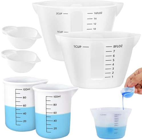Jinsion 6 Stück Silikon Messbecher Set - 500ml/250ml/100ml/10ml | Wiederverwendbare Krüge Mit Skala - Epoxidharz Mischbecher für DIY, Basteln, Labor, Küche