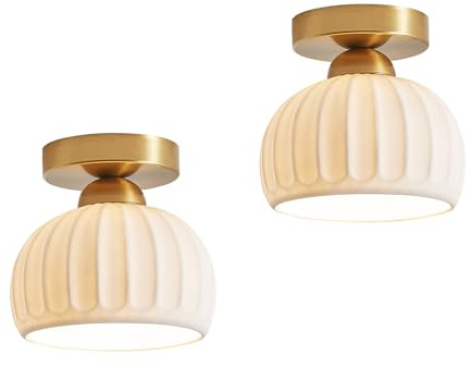 Fetason 2 Pack Ceramic Gold Semi Flush Mount Ceiling Light Vintage Hallway Light Fixtures, Modern Small Ceiling Mount Light Lamp for Hall Kitchen Entryway Passway Porch Foyer